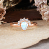 Unique Pear Cut Halo Moonstone Engagement Ring Bezel Cluster Ring